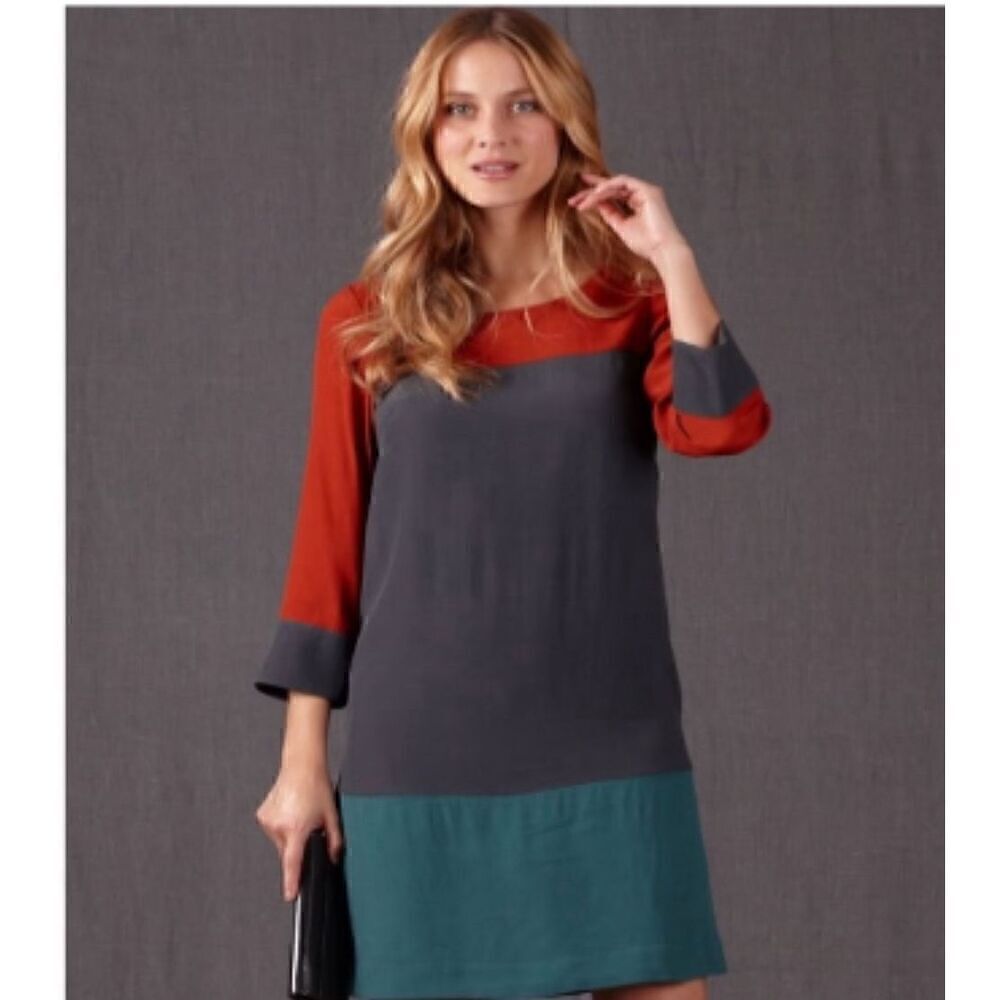 Boden 10R mod colorblock shift tunic long sleeve dress gray teal rust 70’s